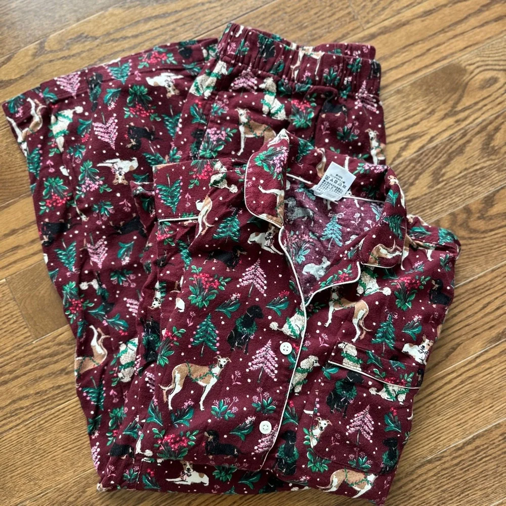 Lands End Bundle Flannel Pajamas Women’s Tall Small Rich Burgundy Holiday Hounds - Picture 1 of 15
